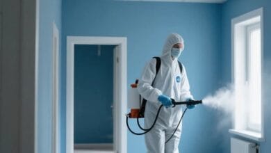 فني شركة قوة الطبيعة أثناء عملية رش مبيدات بق الفراش بالرياض للمراتب