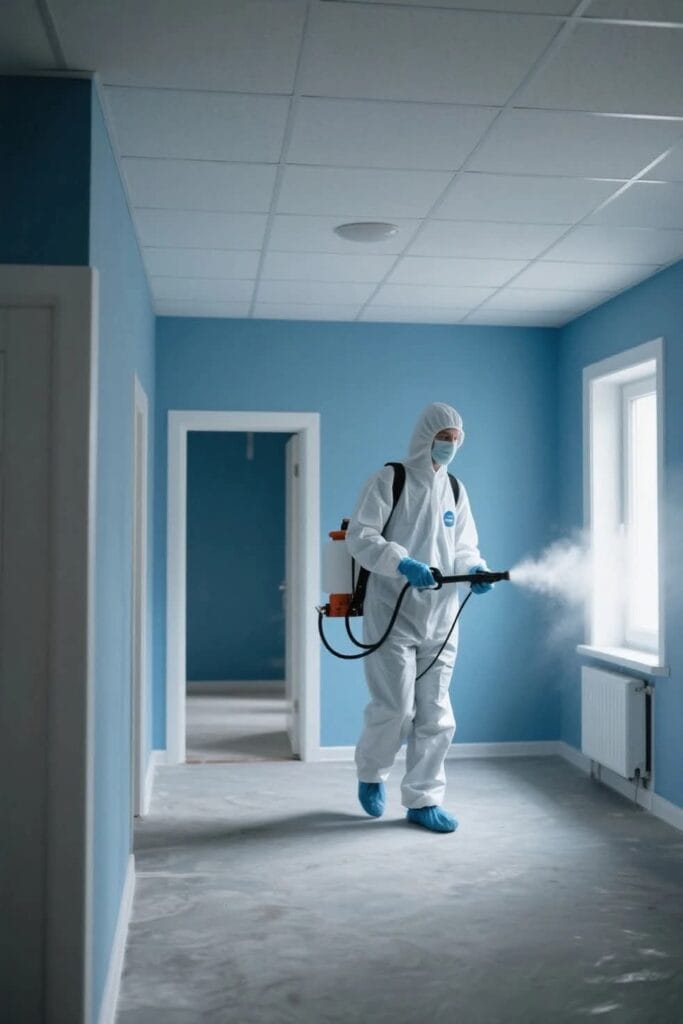 فني شركة قوة الطبيعة أثناء عملية رش مبيدات بق الفراش بالرياض للمراتب