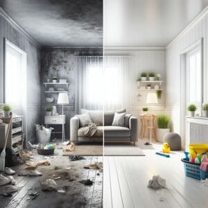 مقارنة بين غرفة معيشة فوضوية وغرفة نظيفة تماماً بعد خدمة تنظيف منازل بالرياض.